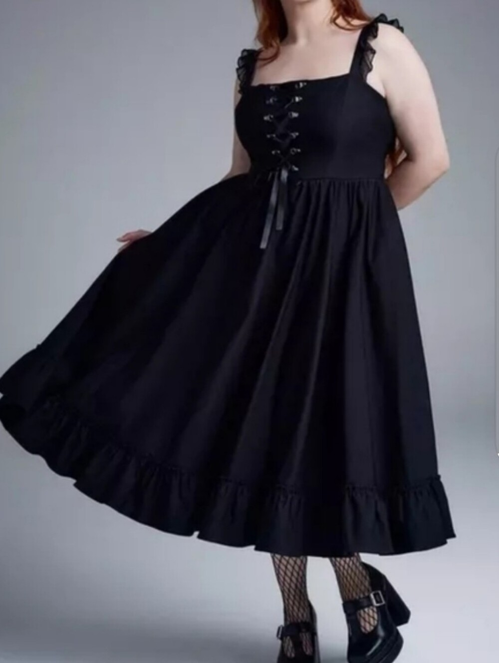torrid Black Lace-Up Ruffle Midi Dress